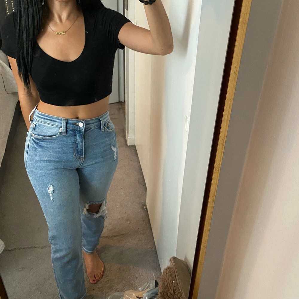 NEW Fashion Nova Light Denim Blue High Waist Distressed Straight Leg Jeans Sz 26